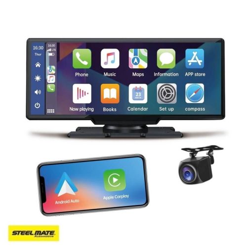 10” érintőképernyős monitor menetrögzítő- és tolatókamerával, AppleCarPlay, AndroidAuto telefon tükrözéssel (2K+FHD DVR)